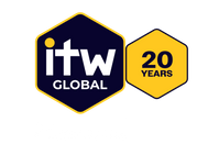 ITW Global logo featuring a blue and yellow hexagon design with the text 'ITW Global 20 Years', accompanied by the 'techoraco brand' signature below.
