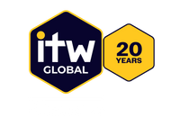 ITW Global logo featuring a blue and yellow hexagon design with the text 'ITW Global 20 Years', accompanied by the 'techoraco brand' signature below.