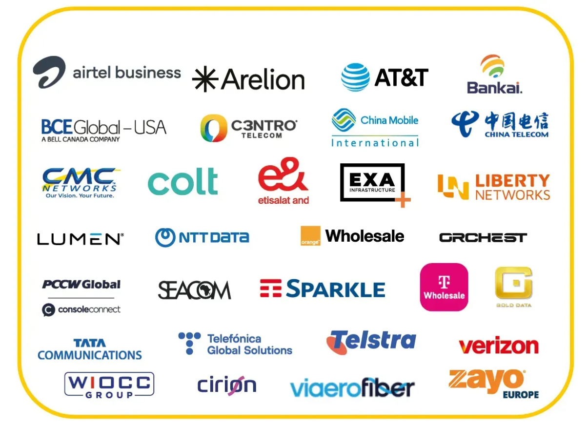 A large collection of telecom carrier and network provider logos inside a yellow-bordered box. Logos include Airtel Business, Arelion, AT&T, Bankai, BCE Global - USA, C3ntro Telecom, China Mobile International, China Telecom, CMC Networks, Colt, etisalat and, EXA Infrastructure, Liberty Networks, Lumen, NTT Data, Orange Wholesale, Orchest, PCCW Global with Console Connect, Seacom, Sparkle, T-Mobile Wholesale, Gold Data, Tata Communications, Telef&oacute;nica Global Solutions, Telstra, Verizon, WIOCC Group, Cirion, Viaero Fiber, and Zayo Europe.