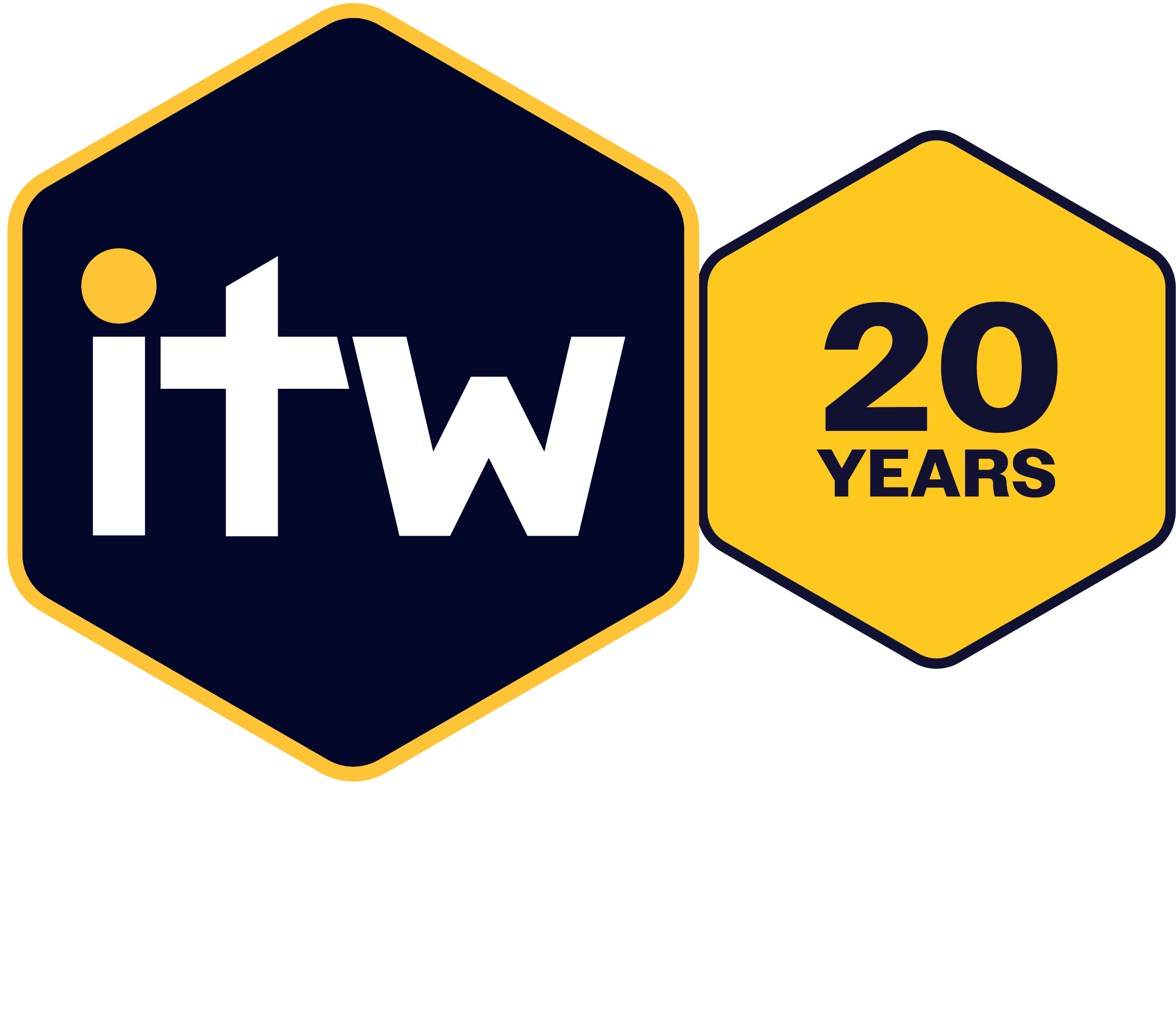 Graphic for the file ITW 20 Year Badge_White.png featuring two interconnected hexagons. The larger dark blue hexagon on the left displays the white "itw" logo with a yellow dot over the letter i. The smaller yellow hexagon on the right displays the dark blue text "20 YEARS"