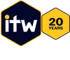 Graphic for the file ITW 20 Year Badge_White.png featuring two interconnected hexagons. The larger dark blue hexagon on the left displays the white 