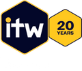 Graphic for the file ITW 20 Year Badge_White.png featuring two interconnected hexagons. The larger dark blue hexagon on the left displays the white 