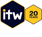 Graphic for the file ITW 20 Year Badge_White.png featuring two interconnected hexagons. The larger dark blue hexagon on the left displays the white 