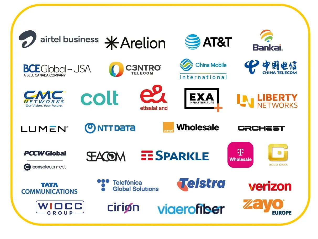 A large collection of telecom carrier and network provider logos inside a yellow-bordered box. Logos include Airtel Business, Arelion, AT&T, Bankai, BCE Global - USA, C3ntro Telecom, China Mobile International, China Telecom, CMC Networks, Colt, etisalat and, EXA Infrastructure, Liberty Networks, Lumen, NTT Data, Orange Wholesale, Orchest, PCCW Global with Console Connect, Seacom, Sparkle, T-Mobile Wholesale, Gold Data, Tata Communications, Telef&oacute;nica Global Solutions, Telstra, Verizon, WIOCC Group, Cirion, Viaero Fiber, and Zayo Europe.