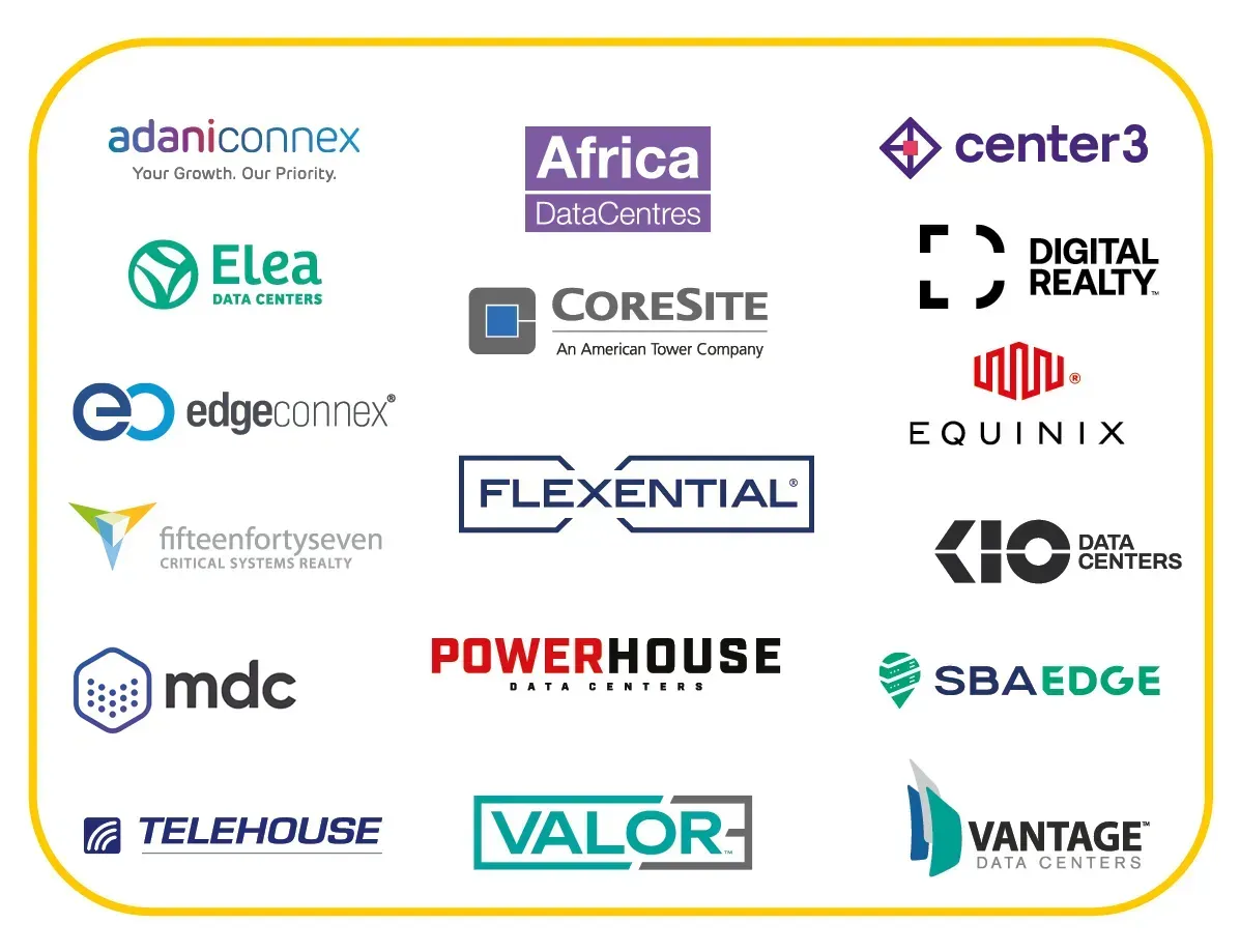 A grid of data center and digital infrastructure company logos inside a yellow-bordered box. Logos include Adaniconnex, Africa DataCentres, Center3, Elea Data Centers, CoreSite, Digital Realty, EdgeConnex, Flexential, Equinix, Fifteenfortyseven Critical Systems Realty, MDC, PowerHouse Data Centers, SBA Edge, Telehouse, Valor, and Vantage Data Centers.