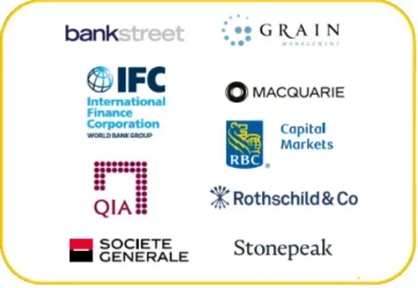 A collection of financial institution and investment firm logos inside a yellow-bordered box. Logos include Bank Street, Grain Management, International Finance Corporation (IFC) of the World Bank Group, Macquarie, RBC Capital Markets, QIA (Qatar Investment Authority), Rothschild & Co, Societe Generale, and Stonepeak.