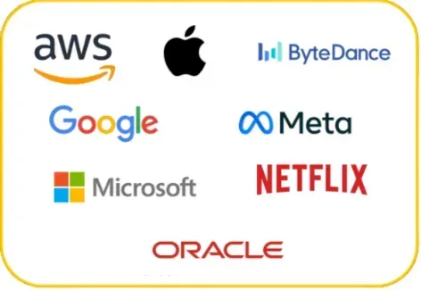 A collection of major technology hyperscaler logos inside a yellow-bordered box. Logos include AWS (Amazon Web Services), Apple, ByteDance, Google, Meta, Microsoft, Netflix, and Oracle.