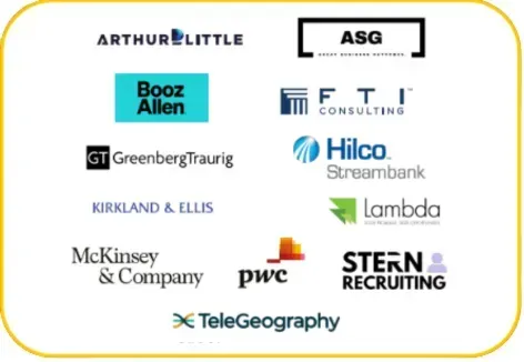 A collection of corporate logos for professional services firms, arranged inside a yellow-bordered box. Logos include Arthur D. Little, ASG, Booz Allen, FTI Consulting, Greenberg Traurig, Hilco Streambank, Kirkland & Ellis, Lambda, McKinsey & Company, PwC, Stern Recruiting, and TeleGeography.
