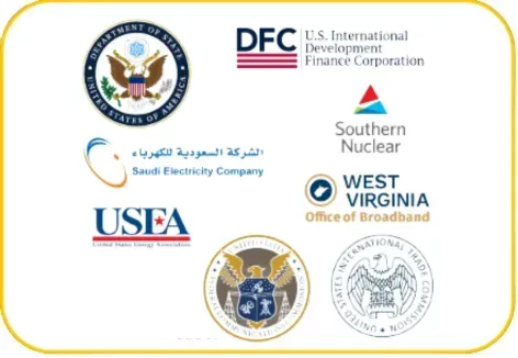 A collection of government and public sector agency logos inside a yellow-bordered box. Logos include the U.S. Department of State seal, U.S. International Development Finance Corporation (DFC), Saudi Electricity Company, Southern Nuclear, United States Energy Association (USEA), West Virginia Office of Broadband, the U.S. Federal Communications Commission (FCC) seal, and the U.S. International Trade Commission seal.