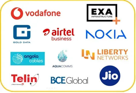 A collection of global telecommunications and subsea cable network logos inside a yellow-bordered box. Logos include Vodafone, EXA Infrastructure, Gold Data, Airtel Business, Nokia, Angola Cables, Aqua Comms, Liberty Networks, Telin, BCE Global, and Jio.