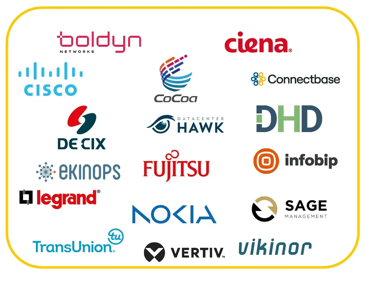 A grid of technology and infrastructure vendor logos inside a yellow-bordered box. Logos include Boldyn Networks, Ciena, Cisco, CoCoa, Connectbase, DE-CIX, Datacenter Hawk, DHD, Ekinops, Fujitsu, Infobip, Legrand, Nokia, Sage Management, TransUnion, Vertiv, and Vikinor.