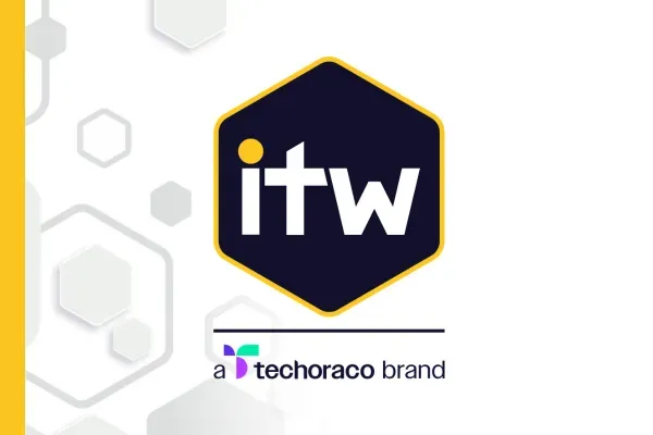 The main corporate logo for ITW. It features a dark blue hexagon with a yellow border containing the lowercase text 