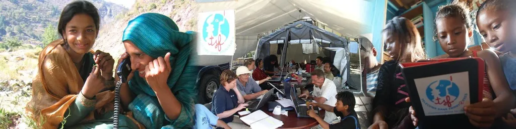 A wide panoramic composite image highlighting humanitarian aid and communication efforts by Telecoms Sans Fronti&egrave;res (TSF). The left section shows a smiling girl and a woman wearing a blue headscarf speaking on a satellite telephone outdoors. The middle section shows aid workers and local staff operating laptops on tables set up inside a large field tent beneath a TSF banner. The right section captures three children looking down intently together at a tablet enclosed in a case bearing the TSF logo.
