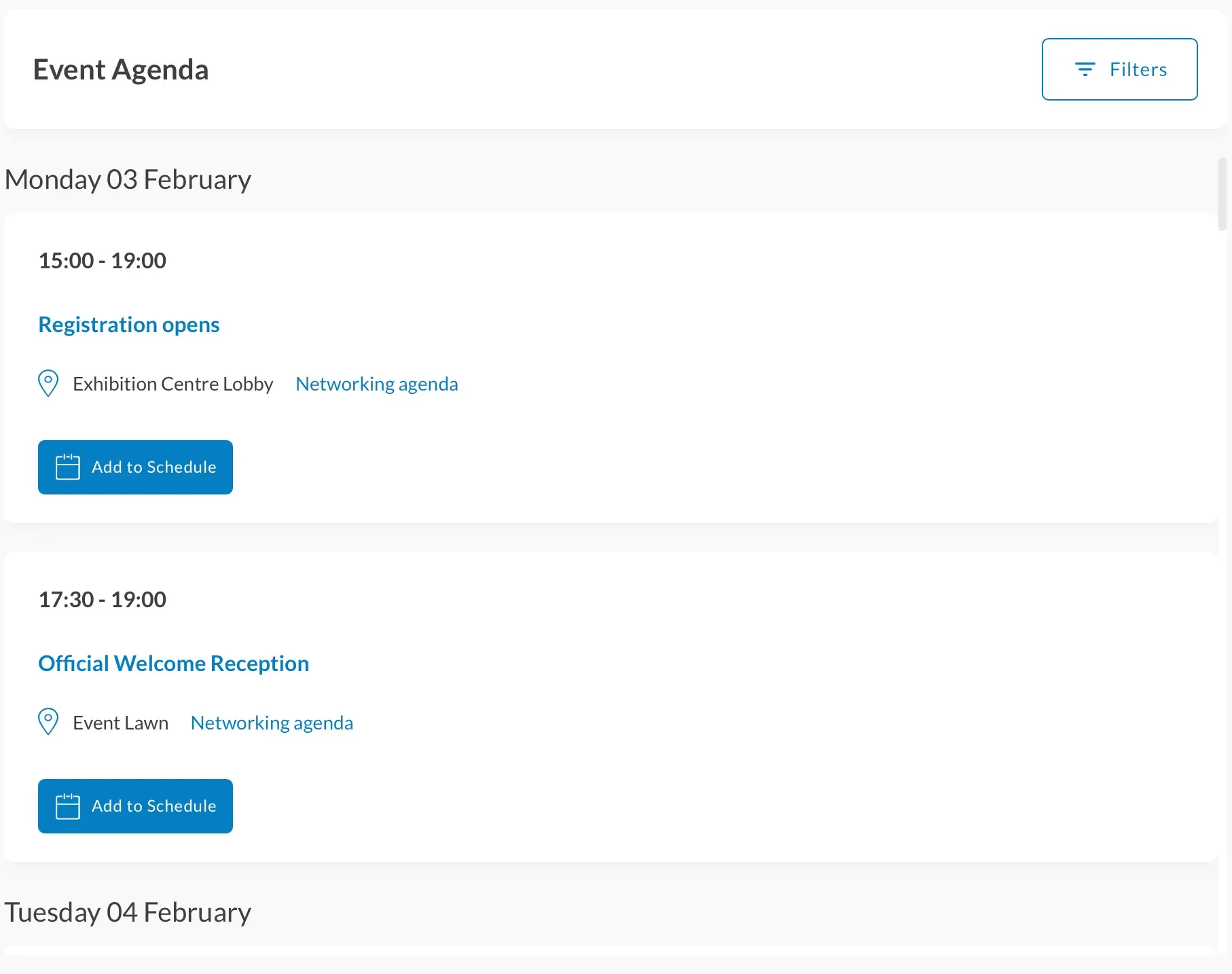 Event agenda page showing schedule items for Monday, February 3, including registration opening at Exhibition Centre Lobby and an official welcome reception at Event Lawn.