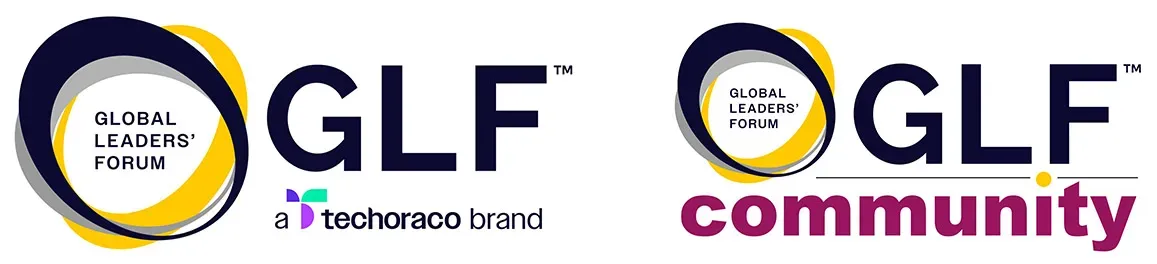 Two versions of the Global Leaders’ Forum (GLF) logo. On the left, the GLF logo is paired with the text 