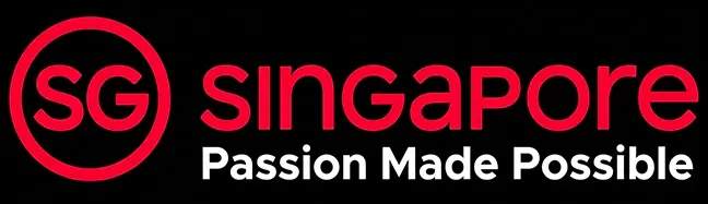 Singapore tourism logo featuring the letters “SG” inside a red circle alongside the words “Singapore – Passion Made Possible” on a black background.