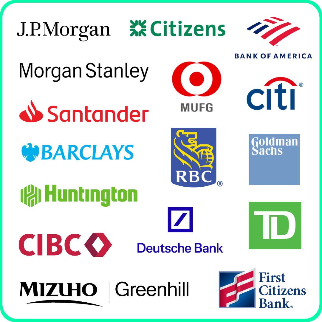 A grid of corporate logos enclosed in a pink border, featuring banks such as J.P Morgan, Bank of America, Goldman Sachs and more.