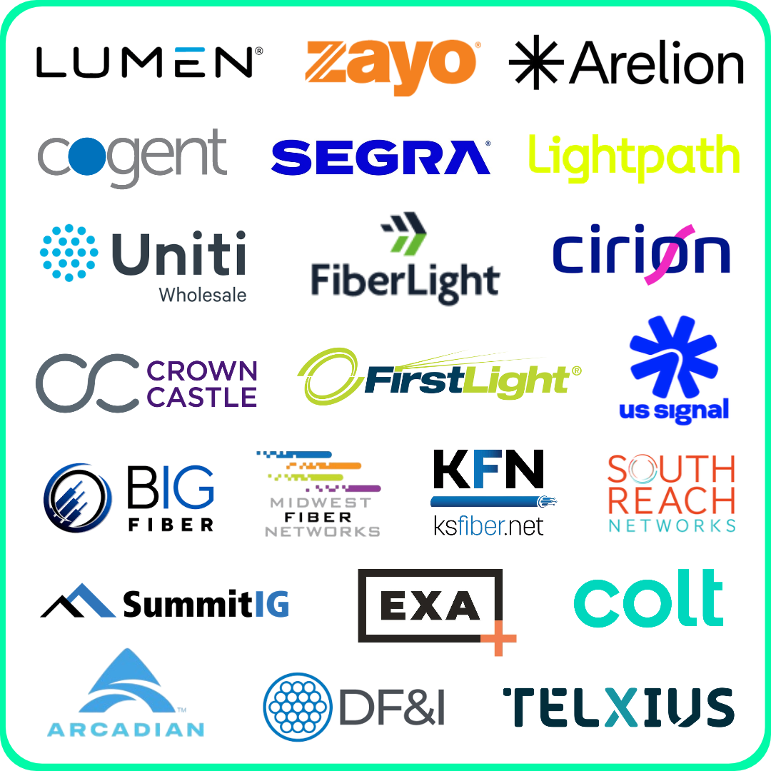 A grid of corporate logos enclosed in a pink border, featuring: Arcadian, Big Fiber, Cirion, Crosstown Fiber, DF&I, KFN (ksfiber.net), Gigabit Fiber, Light Source Communications, Lightpath, SummitIG, Midwest Fiber Networks, US Signal, Towardex, TLSN, South Reach Networks, and Zayo.