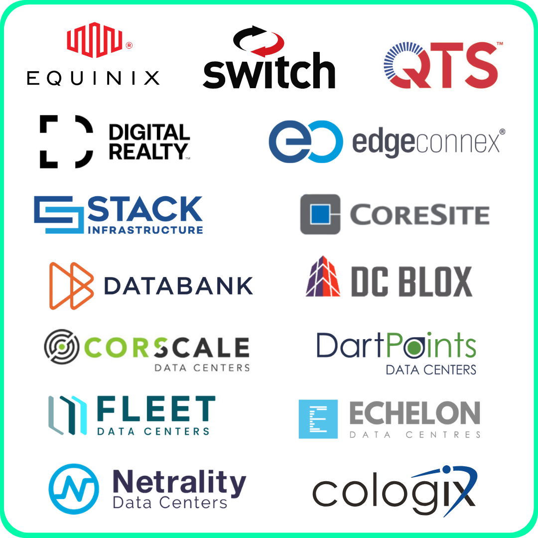 A grid of corporate logos enclosed in a pink border, featuring: 365 Data Centers, Aligned Adaptive Data Centers, Duos Edge AI, CoreSite, Compass Datacenters, DartPoints Data Centers, DataBank, DC Blox, DataVerge, EdgeConnex, Evocative, Edged, Equinix, Elea Data Centers, H5 Data Centers, Layer 9, Netrality Data Centers, PowerHouse Data Centers, Stack Infrastructure, and Vantage Data Centers.