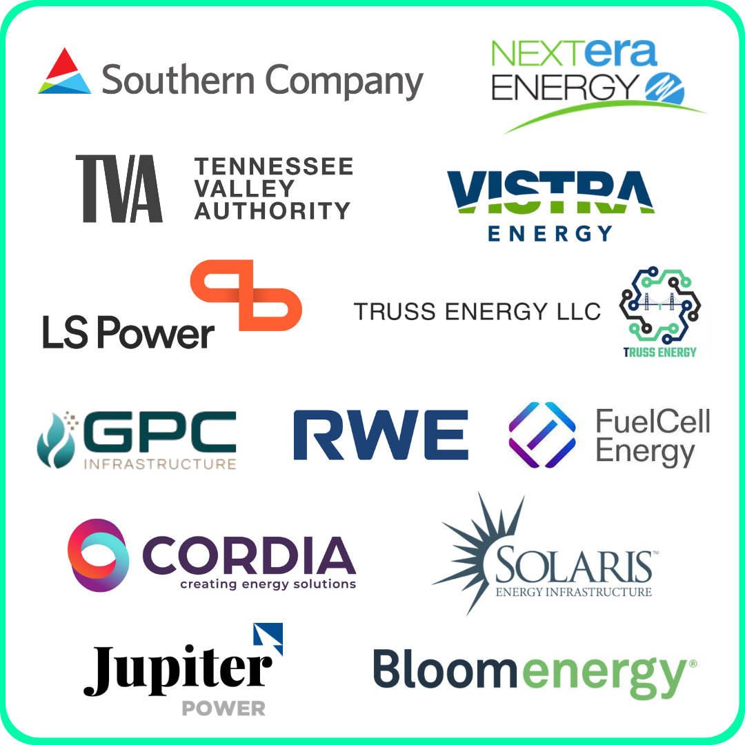 A grid of corporate logos enclosed in a pink border, featuring: Bloom Energy, Cordia, GPC Infrastructure, R Power, Truss Energy LLC, Jupiter Power, Solaris Energy Infrastructure, and Southern Company.