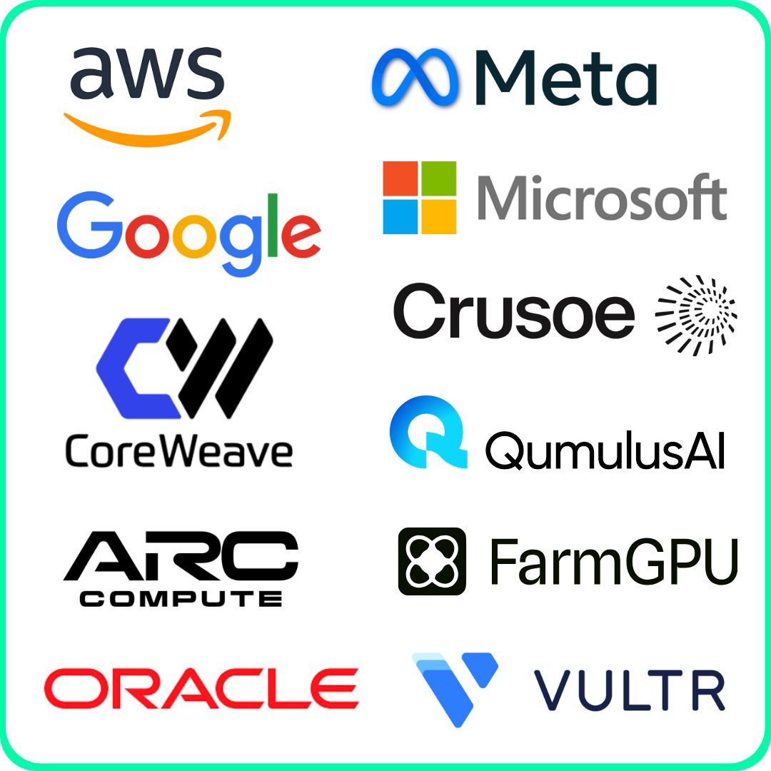 A grid of prominent tech corporate logos enclosed in a pink border, featuring: AWS (Amazon Web Services), Crusoe, CoreWeave, Google, Meta, and Oracle.