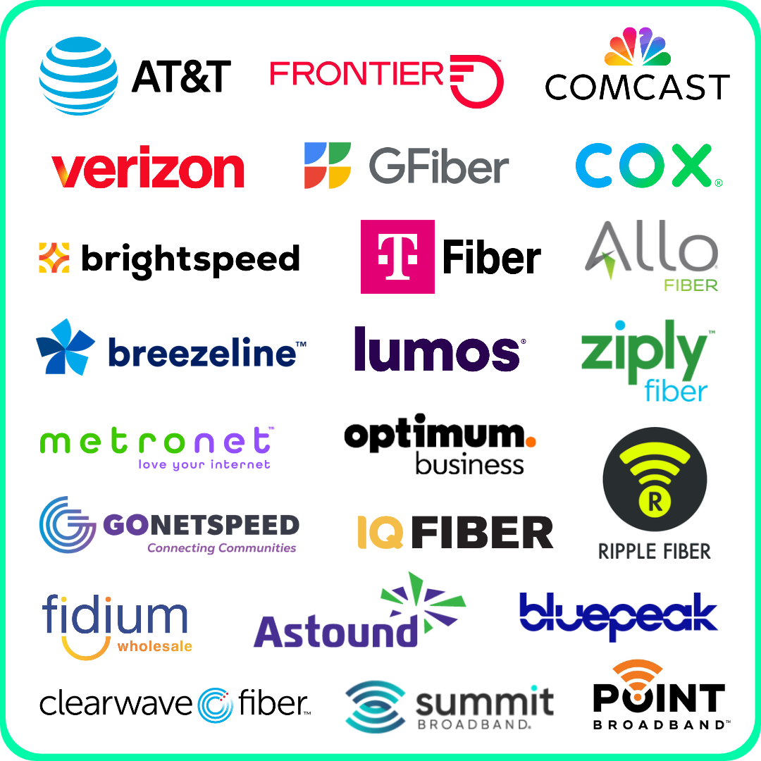 A grid of corporate logos enclosed in a pink border, featuring: Astound, Metronet, Allo Fiber, TDS, Arvig, C Spire, Point Broadband, Lumos, Shentel, Ritter Communications, United Communications, Bluepeak, Segra, Summit Broadband, and Hotwire Communications.