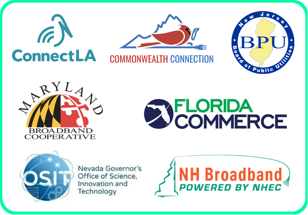 A grid of corporate and government logos enclosed in a pink border: ConnectLA, Commonwealth Connection, FloridaCommerce, and OSIT (Nevada Governor's Office of Science, Innovation and Technology).