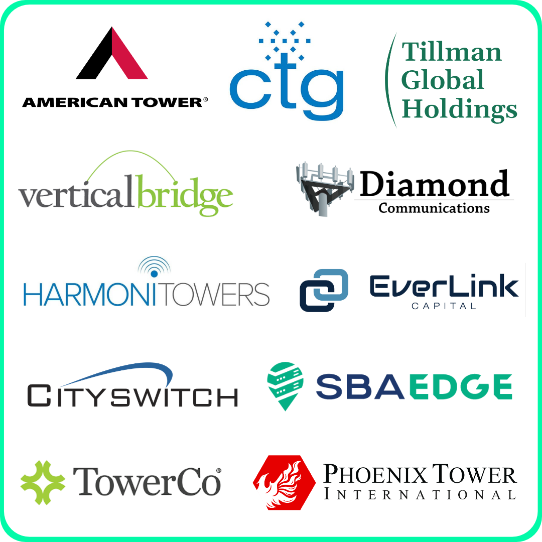 A grid of corporate logos enclosed in a pink border, featuring: American Tower, CitySwitch, Crown Castle, Diamond Communications, Tillman Global Holdings, SBA Edge, Phoenix Tower International, Vertical Bridge, and TowerCo.