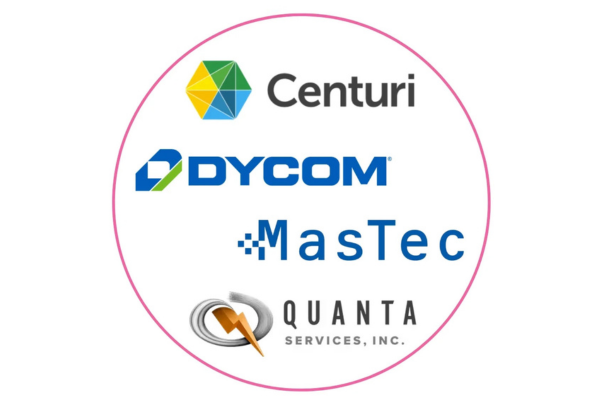A circular badge with a pink border containing four corporate logos for engineering and infrastructure service companies: Centuri, Dycom, MasTec, and Quanta Services, Inc.