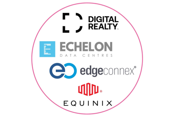 A circular badge bounding the corporate logos of four prominent data center operators: Digital Realty, Echelon Data Centres, EdgeConnex, and Equinix.