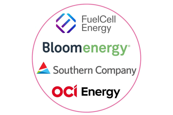 A circular graphic showcasing the corporate logos of four energy and utility companies: FuelCell Energy, Bloom Energy, Southern Company, and OCI Energy.