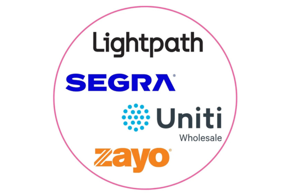 A circular layout grouping four corporate logos for fiber optic and telecommunications network providers: Lightpath, Segra, Uniti Wholesale, and Zayo.
