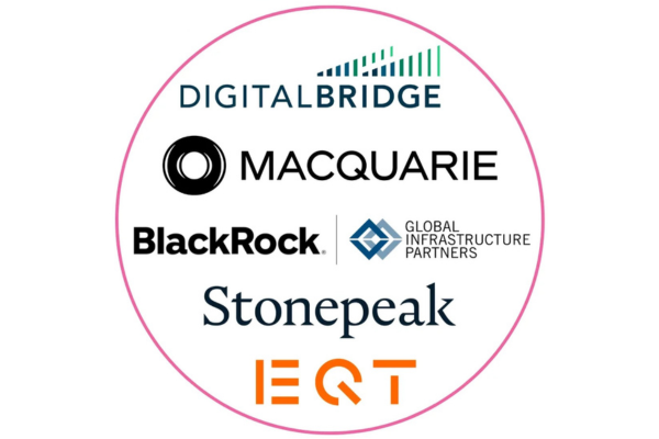 A circular badge containing the corporate logos of major global investment and asset management firms focused on infrastructure: DigitalBridge, Macquarie, a joint logo for BlackRock and Global Infrastructure Partners, Stonepeak, and EQT.