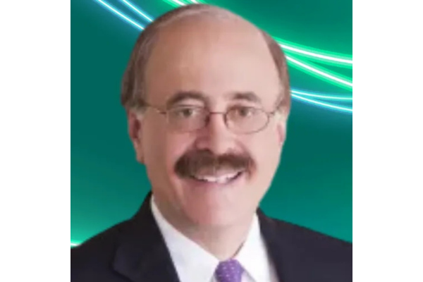 Professional headshot of Andrew Lipman with glasses and a prominent mustache, wearing a dark suit jacket, a white shirt, and a purple tie. The background is teal with glowing green and white abstract lines curving across the top.