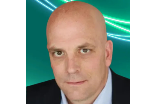 Professional headshot of a Brad Moline, wearing a dark suit jacket over a light-colored collared shirt. The background is teal with glowing green and white abstract lines curving across the top right.