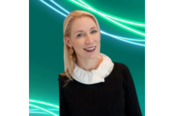 Professional headshot of Jennifer Fritzsche wearing a black top with a structured white collar ruffle and gold drop earrings. The background is teal with glowing green and white abstract lines curving across the top.