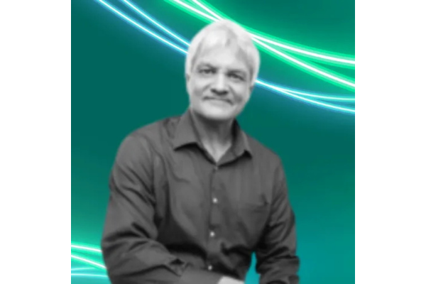Professional headshot of Larry O'Neil with short white hair, rendered in black and white. He is wearing a dark, button-down collared shirt. The background is a solid teal color with glowing green and white abstract lines curving across the top and bottom left.