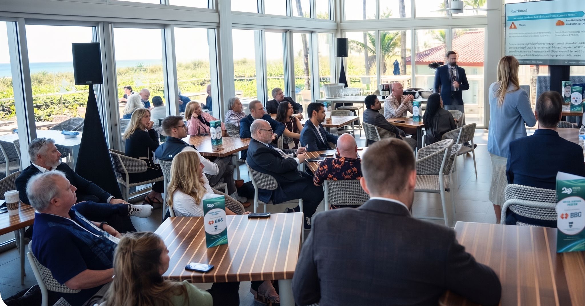 A brightly lit conference room filled with attendees sitting at tables, listening to a presentation being given by a speaker at the front of the room.