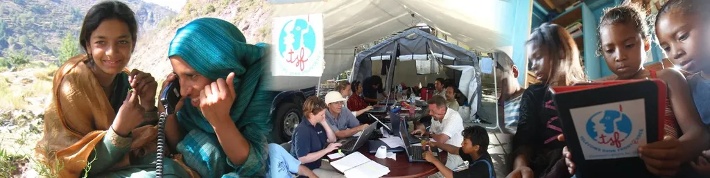 A panoramic banner collage showing humanitarian telecommunications work in the field. On the left, a smiling woman in a teal headscarf speaks on a satellite telephone next to a smiling young girl in rural, mountainous terrain. In the center, humanitarian aid workers and local staff operate laptops at a round table under a large canvas tent featuring the 