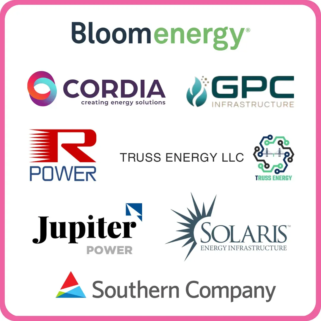A grid of corporate logos enclosed in a pink border, featuring: Bloom Energy, Cordia, GPC Infrastructure, R Power, Truss Energy LLC, Jupiter Power, Solaris Energy Infrastructure, and Southern Company.