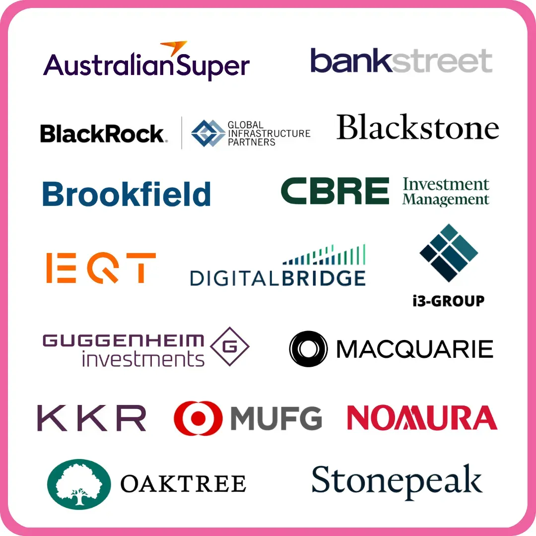 A grid of corporate logos enclosed in a pink border, featuring: AustralianSuper, Bank Street, BlackRock / Global Infrastructure Partners, Blackstone, Brookfield, CBRE Investment Management, EQT, DigitalBridge, i3-Group, Guggenheim Investments, Macquarie, KKR, MUFG, Nomura, Oaktree, and Stonepeak.