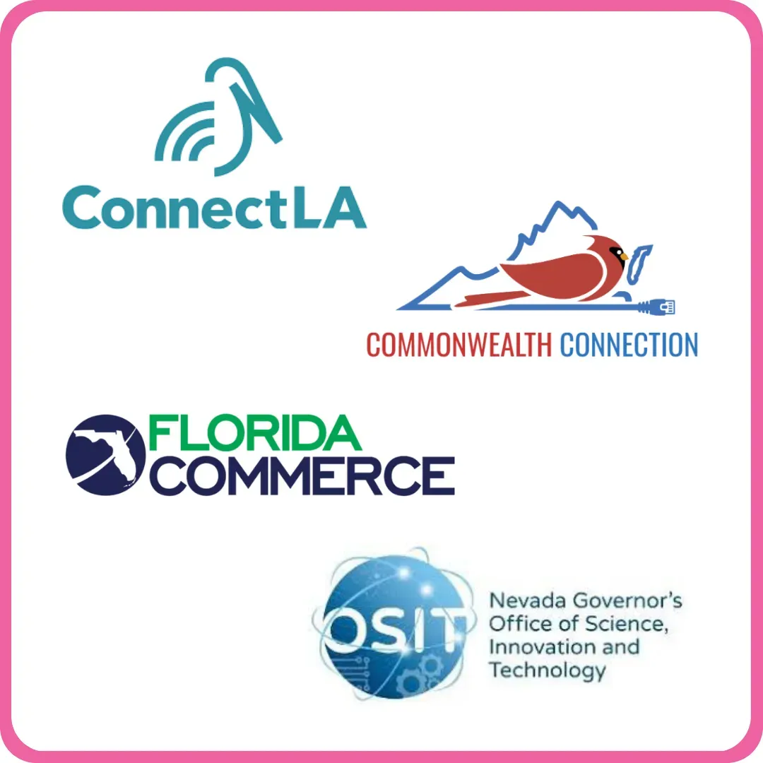 A grid of four corporate and government logos enclosed in a pink border: ConnectLA, Commonwealth Connection, FloridaCommerce, and OSIT (Nevada Governor's Office of Science, Innovation and Technology).