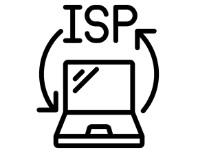 black and white outline image of a laptop, with upwards and downwards arrows from the laptop to the word ISP