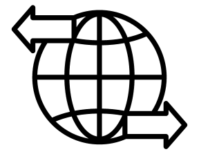 Black and white outline of a globe with large arrows going left and right.