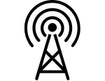 black and white outline image of a tower projecting signals