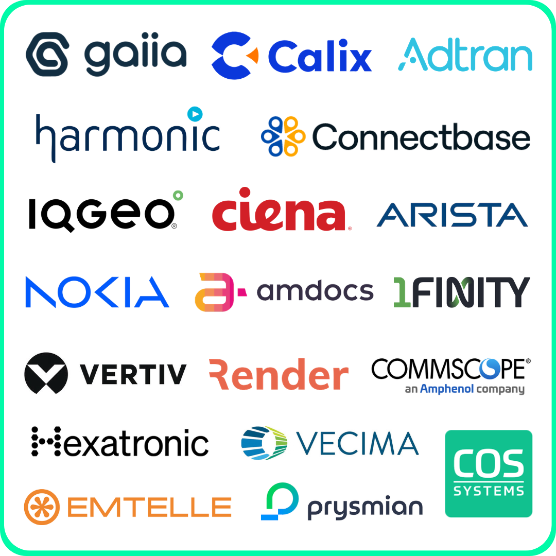 A grid of corporate logos enclosed in a pink border, featuring Software & Hardware Providers such as Gaiia, Calix, Nokia, Adtran, Ciena and more.