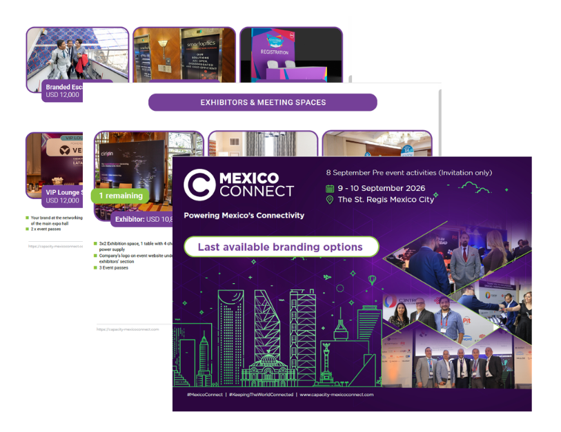 Composite mockup of multiple promotional website banners for Mexico Connect 2026, displaying event details for September 9–10 at The St. Regis Mexico City, key statistics, and sponsor logos.