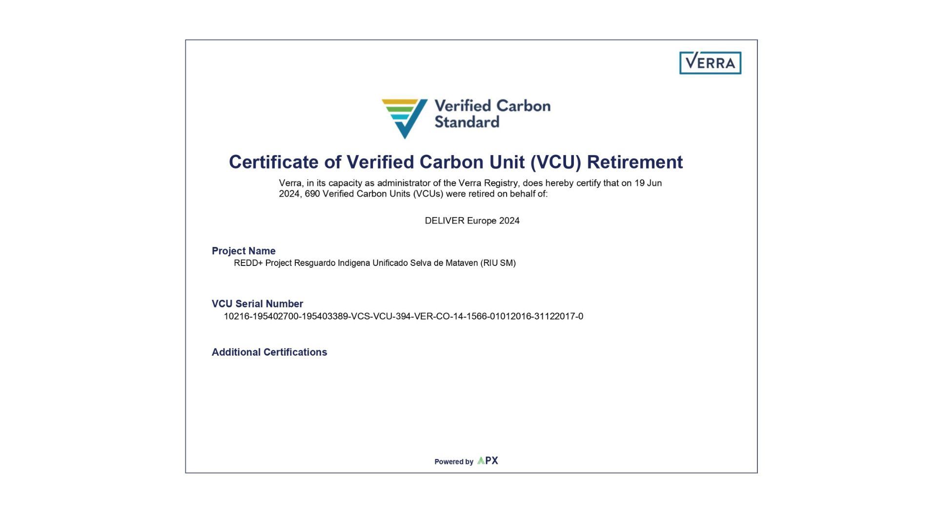DELIVER EUROPE 2024 VERFIED CARBON UNIT CERTIFICATIONS