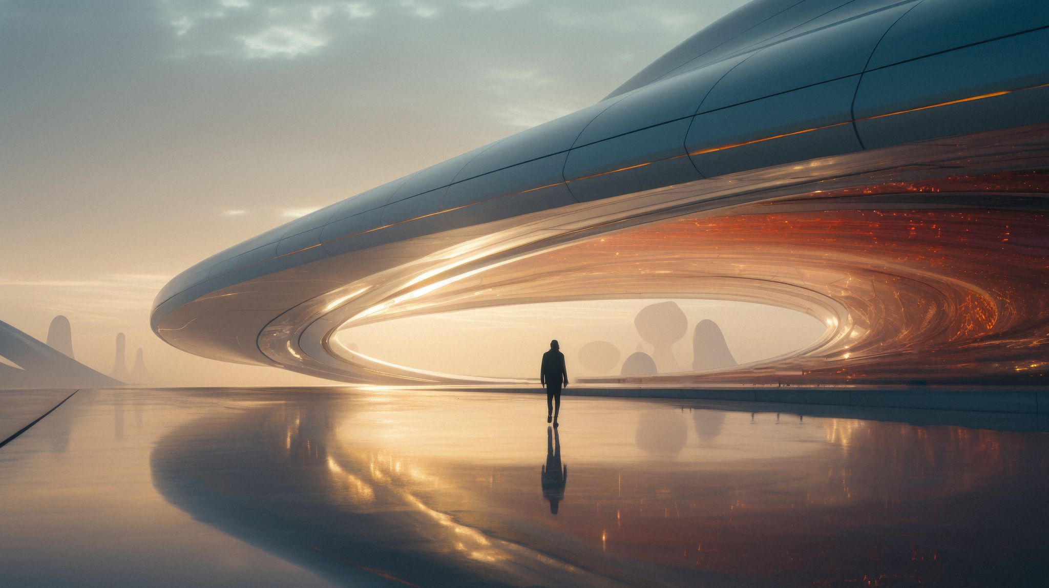 Futuristic landscape, lone figure