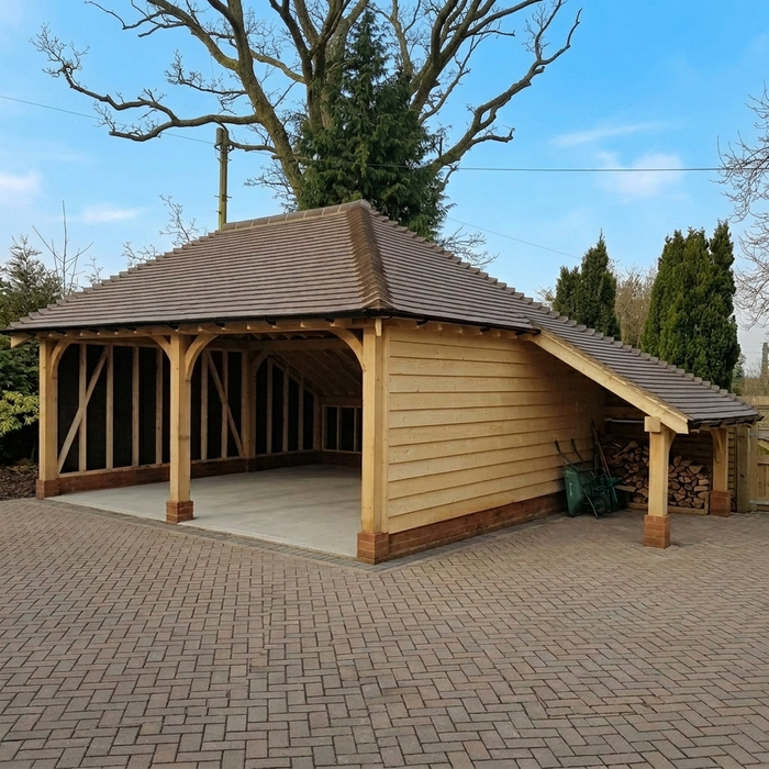 Solid Oak Double Garage with Log Store